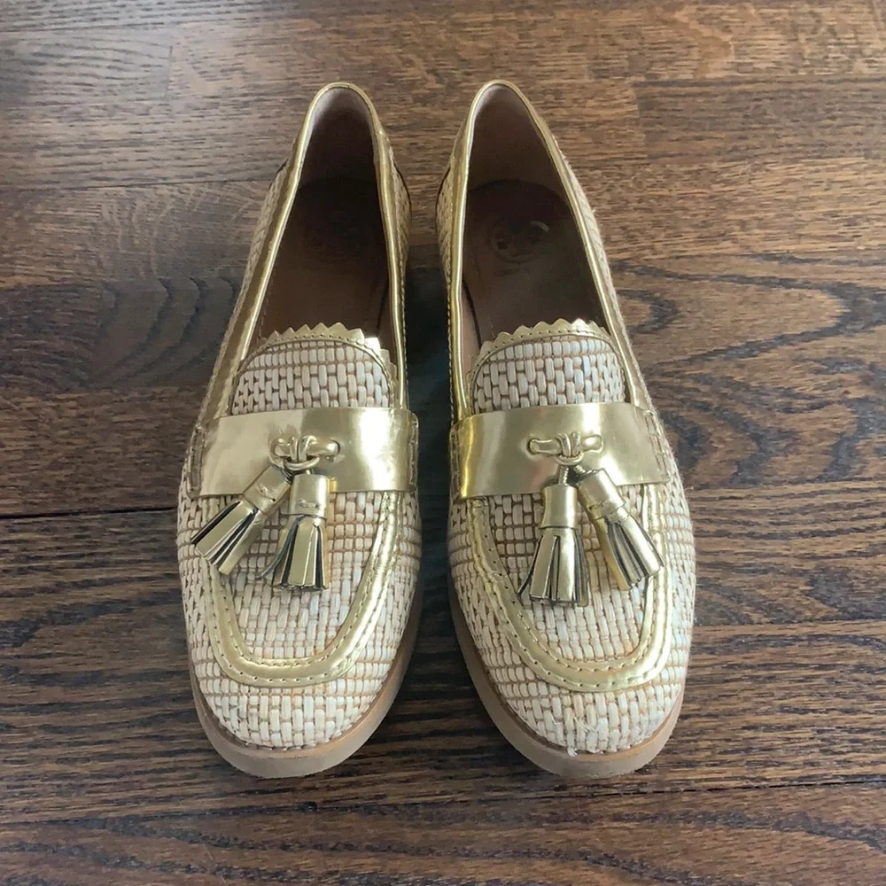Tory Burch Cream Woven Tassel Loafers with Gold Trim